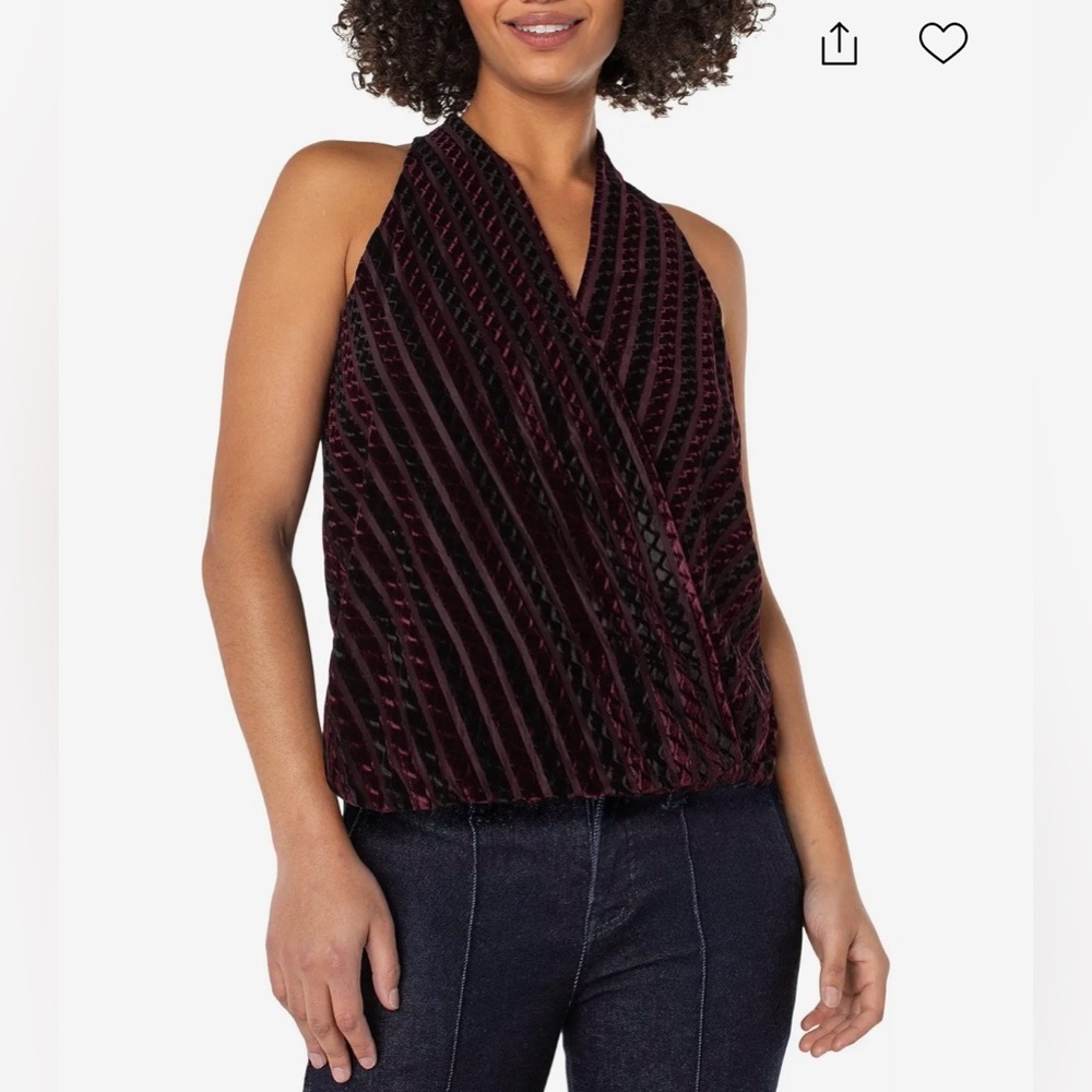 Liverpool Sleeveless V-Neck Velvet Stripe Textured Top - Burgundy and Black XL